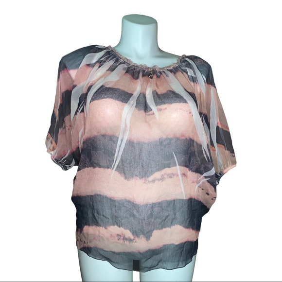 Robin K Sheer Batwing Blouse Pink Black Striped Top Size M Flowy Boho Chic - Picture 4 of 13
